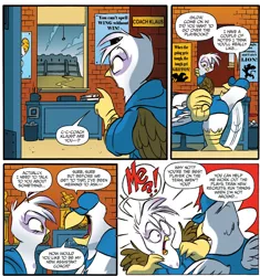 Size: 1312x1398 | Tagged: safe, artist:jay fosgitt, derpibooru import, idw, coach klaus, gilda, gryphon, spoiler:comic, spoiler:comicff24, pun