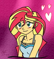 Size: 1600x1759 | Tagged: safe, artist:owlisun, derpibooru import, sunset shimmer, equestria girls, blushing, cute, freckles, heart, smiling, solo, traditional art