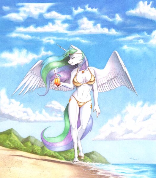 Size: 1100x1257 | Tagged: abs, alcohol, alicorn, anthro, artist:baron engel, beach, bedroom eyes, belly button, big breasts, bikini, both cutie marks, breasts, busty princess celestia, clothes, cloud, colored, curvy, cutie mark, derpibooru import, drink, female, food, glass, gold swimsuit, hourglass figure, jewelry, long legs, mare, necklace, pencil drawing, praise the sun, princess celestia, sky, smiling, solo, solo female, spread wings, suggestive, swimsuit, traditional art, unguligrade anthro, wings