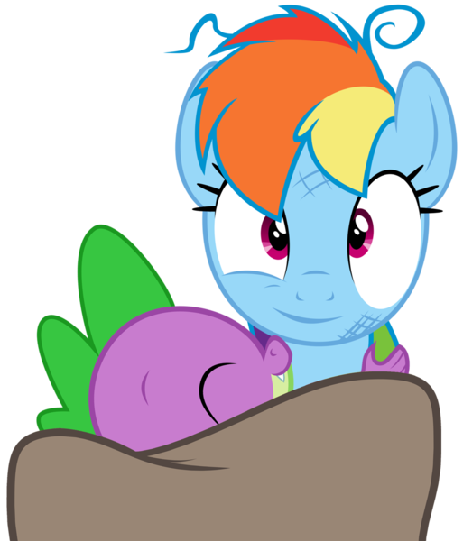 Size: 1239x1450 | Tagged: safe, artist:knight725, artist:titanium-pony, derpibooru import, edit, vector edit, rainbow dash, spike, bed, blanket, bruised, cuddling, cute, dashabetes, eyes closed, female, hug, love, male, messy mane, rainbowspike, shipping, simple background, snuggling, spikabetes, straight, transparent background, vector