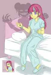 Size: 1280x1895 | Tagged: semi-grimdark, artist:enyoiyourself, derpibooru import, sour sweet, equestria girls, friendship games, bipolar, clothes, crystal prep shadowbolts, depression, drugs, empty eyes, glass of water, medication, medicine, pajamas, pills, sad, shadow, slippers, solo