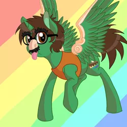 Size: 1600x1600 | Tagged: safe, artist:gigason, derpibooru import, oc, oc:frost d. tart, unofficial characters only, alicorn, pony, alicorn oc, groucho mask, looking at you, rainbow background, silly, solo, tongue out