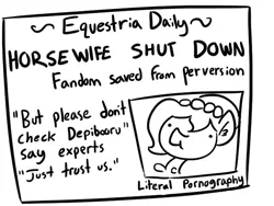 Size: 554x416 | Tagged: safe, artist:tjpones, derpibooru import, oc, oc:brownie bun, unofficial characters only, derpibooru, equestria daily, horse wife, doodle, joke, meta, monochrome, newspaper