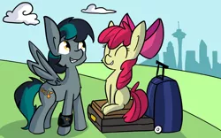 Size: 1280x800 | Tagged: safe, artist:tjpones, derpibooru import, apple bloom, oc, oc:blackgryph0n, pegasus, pony, bracelet, city, cute, eyes closed, fluffy, grin, jewelry, luggage, sitting, smiling, spread wings, suitcase