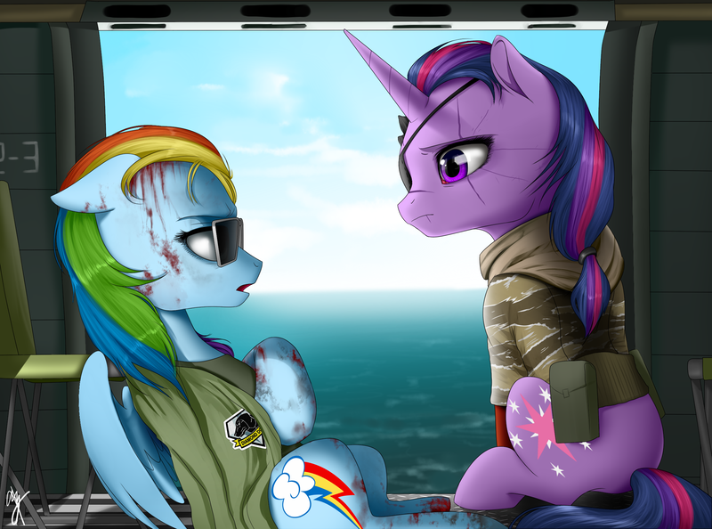 Size: 2335x1735 | Tagged: amputee, artist:supermare, blood, camouflage, chopper, derpibooru import, diamond dog, eyepatch, helicopter, kazuhira miller, metal gear, metal gear solid, metal gear solid 5, missing limb, ocean, prosthetic limb, rainbow dash, reference, scar, semi-grimdark, sunglasses, twilight sparkle, venom snake, why are we still here? just to suffer?