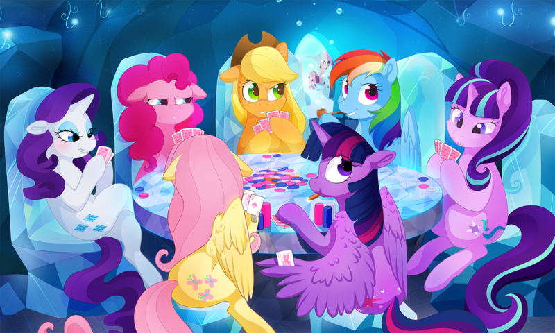 Size: 1650x990 | Tagged: safe, artist:aidapone, derpibooru import, applejack, fluttershy, pinkie pie, rainbow dash, rarity, starlight glimmer, twilight sparkle, twilight sparkle (alicorn), alicorn, pony, :t, bedroom eyes, bubble, bubble pipe, card, chair, cheating, cigar, crystal empire, dogs playing poker, female, floppy ears, frown, glare, grin, hoof hold, horseshoes, looking away, looking back, mane six, mare, playing, poker, raised eyebrow, sitting, smiling, smirk, smoking