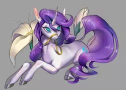 Size: 2500x1800 | Tagged: safe, artist:santagiera, derpibooru import, rarity, classical unicorn, bridle, flower, leonine tail, prone, solo