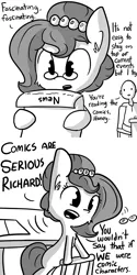 Size: 726x1452 | Tagged: safe, artist:tjpones, derpibooru import, oc, oc:brownie bun, oc:richard, unofficial characters only, earth pony, human, pony, horse wife, comic, cute, fourth wall, glasses, grayscale, hypocritical humor, irony, leaning on the fourth wall, monochrome, newspaper, reading
