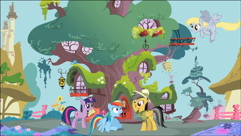 Size: 1458x822 | Tagged: safe, artist:brony250, derpibooru import, daring do, derpy hooves, rainbow dash, twilight sparkle, pegasus, pony, female, golden oaks library, mare