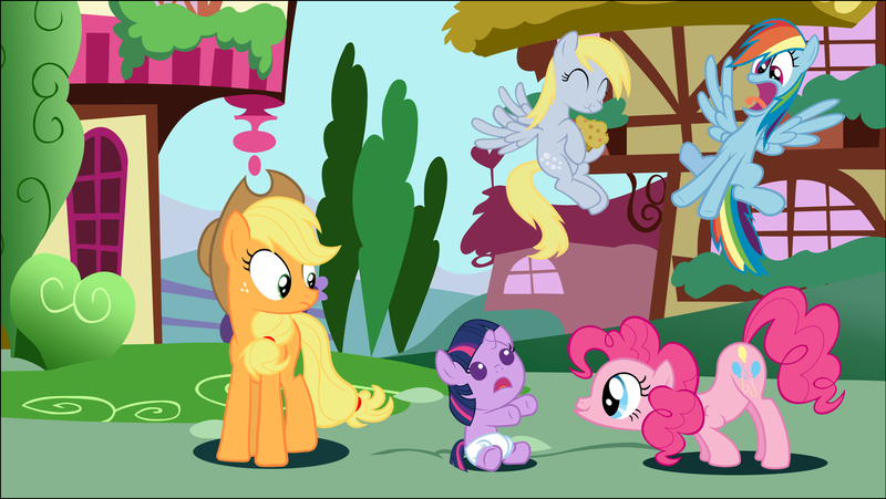 Size: 1854x1045 | Tagged: safe, artist:brony250, derpibooru import, applejack, derpy hooves, pinkie pie, rainbow dash, twilight sparkle, pony, age regression, baby, baby pony, babylight sparkle, cute