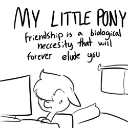 Size: 696x696 | Tagged: safe, artist:tjpones, derpibooru import, oc, unofficial characters only, pony, bed, black and white, computer, forever alone, grayscale, meme, monochrome, solo, window