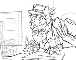 Size: 1280x1007 | Tagged: safe, artist:ralek, derpibooru import, oc, oc:gabriel titanfeather, oc:hard cider, oc:patches, unofficial characters only, pegasus, pony, computer mouse, cute, explicit source, gaming, hat, monitor, snuggling
