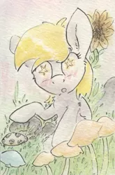 Size: 685x1037 | Tagged: safe, artist:slightlyshade, derpibooru import, derpy hooves, pegasus, pony, female, high, mare, mushroom, shrooms, solo, starry eyes, traditional art, wingding eyes