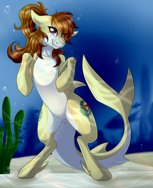 Size: 2600x3200 | Tagged: artist:pinktabico, derpibooru import, fangs, female, fins, gills, high res, mare, oc, ocean, oc:katya ironstead, original species, safe, shark, sharkified, shark pony, solo, species swap, standing, underwater, unofficial characters only