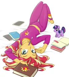 Size: 900x1000 | Tagged: safe, artist:ta-na, derpibooru import, sunset shimmer, twilight sparkle, twilight sparkle (alicorn), equestria girls, adorasexy, barefoot, book, clip studio paint, clothes, cute, feet, female, looking at you, midriff, mouth hold, on back, pajamas, pencil, plushie, sexy, shimmerbetes, solo, stupid sexy sunset shimmer, sunset shimmer's book