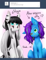 Size: 2550x3300 | Tagged: artist:noodlefreak88, ask, blushing, derpibooru import, dialogue, eye scar, hybrid, missing eye, oc, oc:laura the zony, oc:naki stoneheart, safe, scar, tumblr, tumblr blog, unofficial characters only, zony