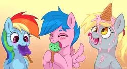 Size: 1376x754 | Tagged: safe, artist:sorcerushorserus, derpibooru import, derpy hooves, firefly, rainbow dash, pegasus, pony, alternate hairstyle, cute, dashabetes, female, food, g1, gradient background, ice cream, ice cream cone, licking, mare, melted, melted ice cream, messy eating, mint chocolate chip, ponytail, popsicle, tongue out, trio