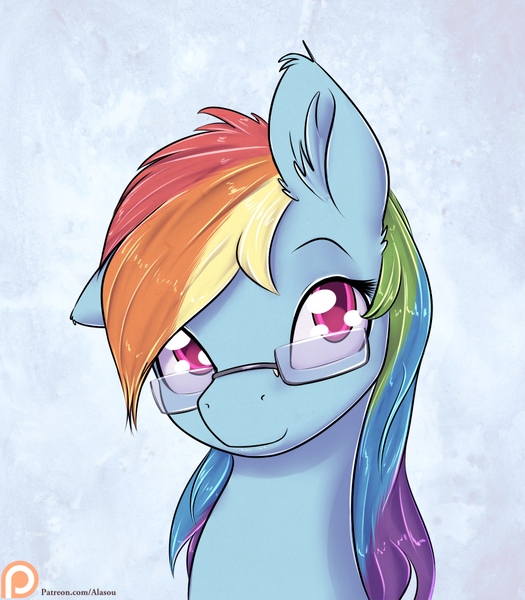 Size: 875x1000 | Tagged: artist:alasou, bust, derpibooru import, glasses, looking at you, part of a set, patreon, patreon logo, portrait, rainbow dash, safe, smiling, solo