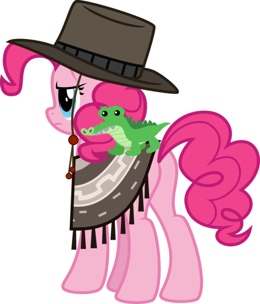 Size: 4832x5641 | Tagged: absurd resolution, accessory swap, alternate gender counterpart, artist:osipush, cheese sandwich, clint eastwood, clothes, derpibooru import, gummy, hat, personality swap, pinkie pie, poncho, safe, simple background, solo, the mare with no name, transparent background, vector