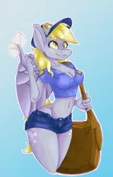 Size: 663x1034 | Tagged: adonis belt, anthro, artist:bookxworm89, belly button, both cutie marks, breasts, cleavage, clothes, daisy dukes, derpibooru import, derpy hooves, female, gradient background, letter, mailbag, mailmare, midriff, shirt, shorts, solo, solo female, suggestive, uniform, wide hips