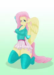 Size: 1024x1415 | Tagged: anthro, artist:bookxworm89, belt, breasts, cleavage, clothes, derpibooru import, female, fluttershy, gradient background, kneeling, missing shoes, shirt, skirt, socks, solo, suggestive, thigh highs, zettai ryouiki