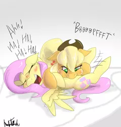 Size: 1124x1176 | Tagged: safe, artist:manfartwish, derpibooru import, applejack, fluttershy, earth pony, pegasus, pony, appleshy, female, laughing, lesbian, mare, onomatopoeia, open mouth, raspberry, raspberry noise, shipping, tickling, tummy buzz