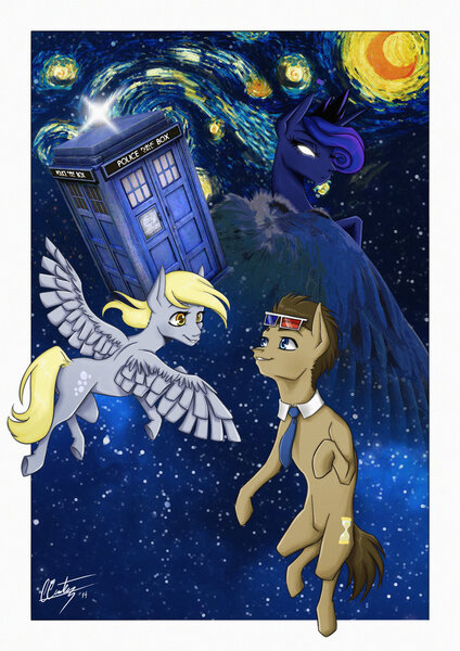 Size: 1280x1810 | Tagged: safe, artist:linaprime, derpibooru import, derpy hooves, doctor whooves, princess luna, time turner, pegasus, pony, doctor who, female, glowing eyes, mare, space, starry night, tardis, the starry night, vincent van gogh