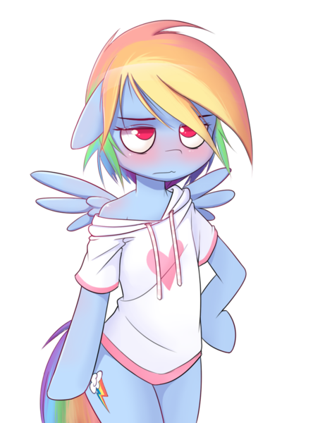 Size: 800x1080 | Tagged: safe, artist:apony, derpibooru import, rainbow dash, pony, semi-anthro, bipedal, blushing, clothes, cutie mark, floppy ears, hoodie, off shoulder, pajamas, rainbow dash always dresses in style, shirt, simple background, sleepy, solo, transparent background