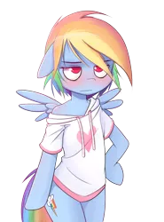 Size: 800x1080 | Tagged: safe, artist:apony, derpibooru import, rainbow dash, pony, semi-anthro, bipedal, blushing, clothes, cutie mark, floppy ears, hoodie, off shoulder, pajamas, rainbow dash always dresses in style, shirt, simple background, sleepy, solo, transparent background