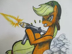 Size: 1024x768 | Tagged: applejack, artist:butaniku48, derpibooru import, helmet, how applejack won the war, m3 grease gun, safe, solo, traditional art