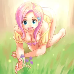 Size: 1000x1000 | Tagged: artist:ninjaham, barefoot, bra strap, breasts, busty fluttershy, cleavage, clothes, derpibooru import, feet, female, flower, fluttershy, human, humanized, kneeling, open mouth, panties, smiling, solo, solo female, suggestive, underwear, white underwear