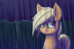 Size: 1500x1000 | Tagged: applejack, artist:heir-of-rick, daily apple pony, derpibooru import, doctor who, hatless, missing accessory, rain, reference, sad, safe, solo, unhapplejack, wet