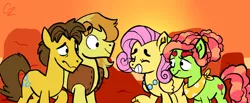 Size: 1024x422 | Tagged: angry, artist:hateful-minds, braeburn, caraburn, caramel, date, derpibooru import, double date, dreadlocks, female, flutterhugger, fluttershy, gay, hatless, lesbian, male, missing accessory, safe, shipping, tree hugger, unamused