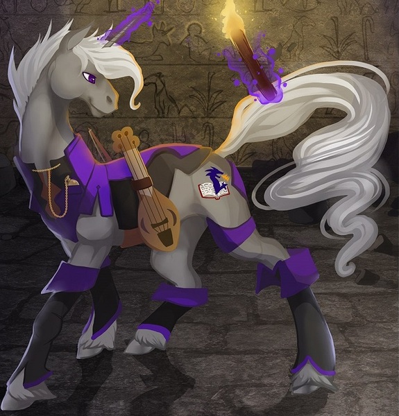 Size: 642x670 | Tagged: safe, artist:sitaart, derpibooru import, oc, oc:mythos gray, unofficial characters only, pony, unicorn, ponyfinder, bard, commission, cover art, crossover, dungeons and dragons, fantasy class, hieroglyphics, horn, kickstarter, magic, male, pathfinder, pen and paper rpg, pocket watch, roleplaying, rpg, ruins, solo, stallion, telekinesis, torch, violin, watch