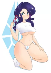 Size: 846x1200 | Tagged: artist:hidden-cat, belly button, breasts, busty rarity, clothes, colored, cutie mark underwear, derpibooru import, female, glasses, human, humanized, panties, rarity, socks, solo, solo female, suggestive, thong, underboob, underwear, white underwear