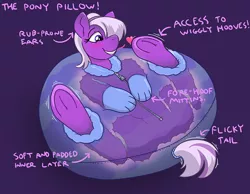 Size: 916x709 | Tagged: suggestive, artist:caroo, derpibooru import, oc, oc:violet butter, unofficial characters only, earth pony, pony, bondage, cute, female, fetish, hoof fetish, legs in air, mare, on back, pillow, silly, smiling, solo, solo female, underhoof