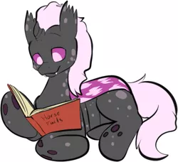 Size: 539x492 | Tagged: artist:noveltmods, book, changeling, derpibooru import, male, oc, oc:spotted record, purple changeling, reading, safe, solo, unofficial characters only