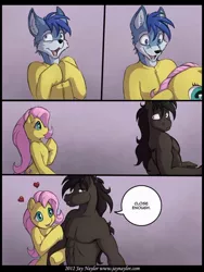 Size: 640x853 | Tagged: anthro, artist:jaynaylor, bare chest, bodysuit, close enough, clothes, comic, costume, derpibooru import, disguise, fluttershy, fluttershy suit, fox, furry, fursuit, gay, horse, implied sex, kawamono, kigurumi, male, masking, oc, ponysuit, source needed, suggestive, topless, trap