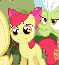 Size: 203x224 | Tagged: safe, derpibooru import, screencap, apple bloom, applejack, granny smith, earth pony, pony, the super speedy cider squeezy 6000, adorabloom, animated, butt touch, cute, faic, female, filly, hoof on butt, mare, sad, sadorable