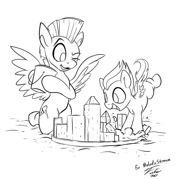 Size: 1280x1293 | Tagged: safe, artist:tsitra360, derpibooru import, rumble, thunderlane, pegasus, pony, black and white, brothers, colt, cute, duo, grayscale, male, monochrome, rumblebetes, sand castle, simple background, spread wings, thunderbetes, white background