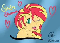 Size: 1280x914 | Tagged: safe, artist:owlisun, derpibooru import, sunset shimmer, equestria girls, cute, digital art, freckles, heart, humanized, looking at you, open mouth, solo, wink