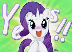 Size: 500x363 | Tagged: safe, artist:uotapo, derpibooru import, rarity, pony, blushing, cute, excited, female, happy, looking at you, one word, open mouth, raribetes, smiling, solo, sweat, yes