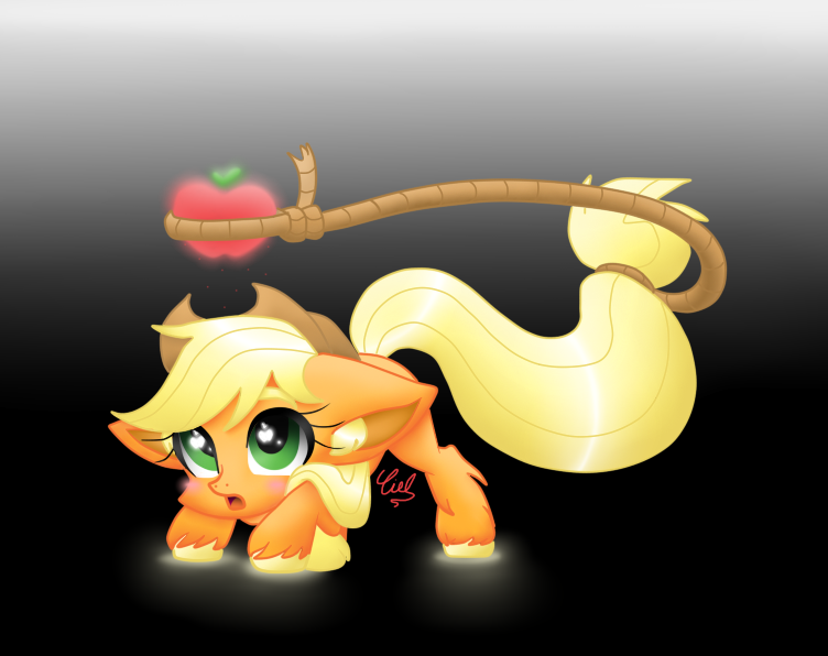 Size: 752x596 | Tagged: safe, artist:muchigirl, derpibooru import, applejack, apple, blushing, cute, ear fluff, eyes on the prize, floppy ears, food, jackabetes, lasso, looking up, :o, prehensile tail, solo, unshorn fetlocks, wingding eyes