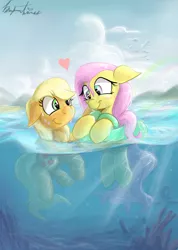 Size: 1280x1795 | Tagged: applejack, appleshy, artist:manfartwish, derpibooru import, female, floaty, fluttershy, inner tube, lesbian, safe, shipping, swimming, water wings