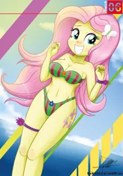 Size: 739x1055 | Tagged: suggestive, artist:the-butch-x, derpibooru import, fluttershy, equestria girls, armpits, bandeau, beach, beach babe, belly button, bikini, bikini babe, blushing, bracelet, breasts, busty fluttershy, cleavage, clothes, cutie mark, cutie mark on equestria girl, embarrassed, female, garter, green swimsuit, grin, looking at you, ocean, sexy, shy, signature, smiling, solo, solo female, striped swimsuit, swimsuit, water, wet, wet hair, wristband, x summer, x summer rework