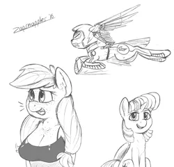 Size: 2500x2400 | Tagged: alternate timeline, anthro, apocalypse dash, applejack, artist:zapplebow, big breasts, breasts, busty applejack, crystal war timeline, derpibooru import, female, freckles, grayscale, monochrome, rainbow dash, safe, simple background, twilight sparkle, twilight sparkle (alicorn)