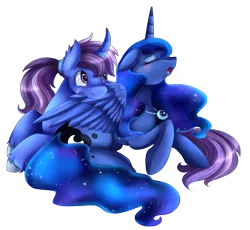 Size: 2363x2178 | Tagged: safe, artist:pridark, derpibooru import, princess luna, oc, oc:azure night, azuna, blushing, canon x oc, commission, cute, eyes closed, female, lunabetes, male, necklace, ocbetes, preening, shipping, simple background, straight, transparent background