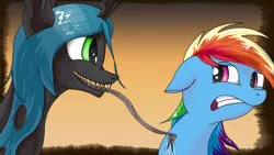 Size: 1920x1080 | Tagged: dead source, safe, artist:konik006, derpibooru import, queen chrysalis, rainbow dash, changeling, changeling queen, pegasus, pony, bad touch, cringing, disgusted, do not want, drool, drool string, eye contact, fangs, female, floppy ears, forked tongue, frown, gritted teeth, licking, lidded eyes, long tongue, looking at each other, mare, nose wrinkle, personal space invasion, sharp teeth, taste the rainbow, teeth, tongue out