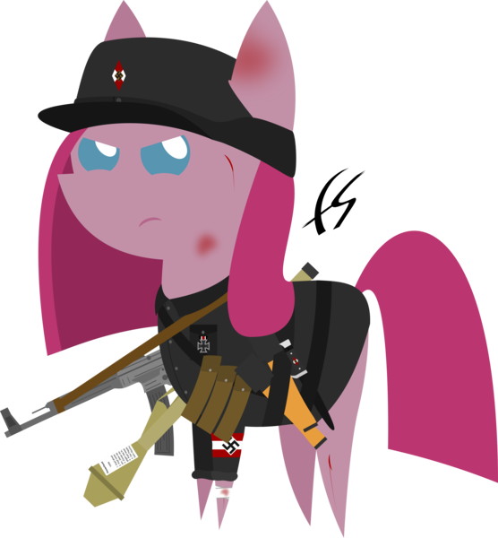 Size: 5100x5505 | Tagged: absurd resolution, artist:facelesssoles, derpibooru import, nazi, pinkamena diane pie, pinkie pie, pointy ponies, scar, semi-grimdark, solo, stg 44, swastika