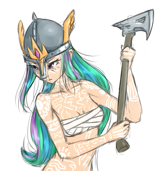 Size: 1000x1026 | Tagged: artist:madhotaru, axe, bodypaint, breast binding, derpibooru import, female, helmet, human, humanized, princess celestia, solo, solo female, suggestive, viking, war axe, warrior celestia, winged helmet